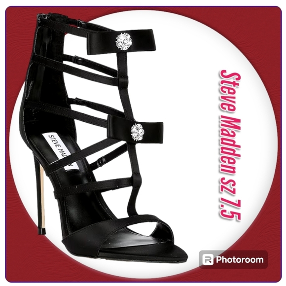 Steve Madden Sinclair Black Satin Rhinestone Sandals Strappy Stiletto  7.5 New - Picture 1 of 11